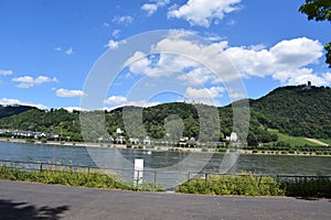 Bonn, Germany - 06 28 2022:waterfront in Bonn and view to the Drachenfels