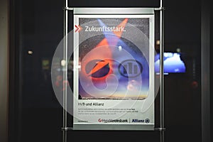 BONN, GERMANY - NOVEMBER 13, 2022: Poster advertising the cooperation of Hypovereinsbank and Allianz on their office for Bonn.