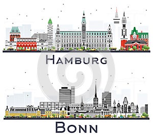 Bonn and Hamburg Germany City Skylines with Gray Buildings Isolated on White