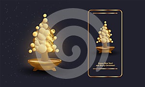 Bonsai Christmas tree and pot vector illustration. Abstract phone app interface design with small golden Christmas tree