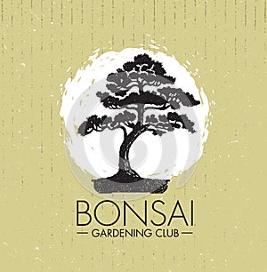 Bonsai Gardening Club Creative Vector Design Concept. Zen Tree Icon Illustration On Rough Background photo