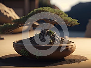 Bonsai pots on the sand floor decorate the garden in Japanese zen style.Generative AI