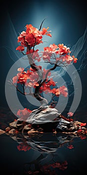 Bonsai tree art with reflection in the stylistic background