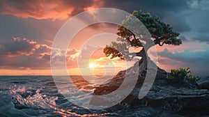 A bonsai tree with big roots standing on a rock in stormy ocean, beautiful sunset background