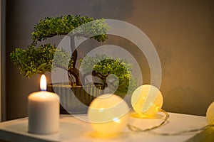 Bonsai tree with candle on white table in bedroom