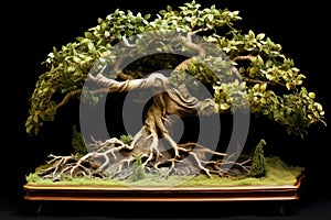 bonsai tree with clipped leaves and branches