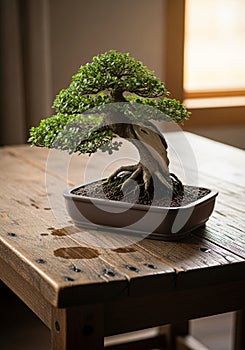 A bonsai tree with dense green foliage is placed in a rectangular ceramic pot filled