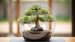 Bonsai tree is displayed in a rectangular ceramic pot placed on a wooden