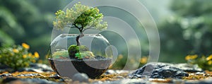 Bonsai tree growing inside a glass bowl