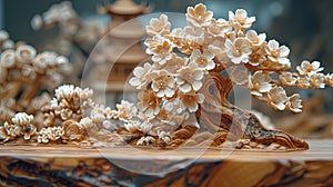 Bonsai tree made of wood and artificial flowers on a wooden table