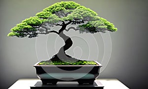 A bonsai tree in a pot on a table.