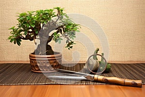 bonsai tree and pruning shears on a bamboo mat