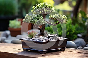 a bonsai tree in a rectangular pot