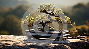 A bonsai tree in a rectangular pot. Generative AI.