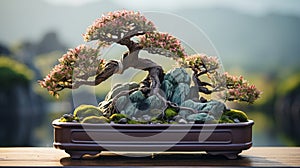 A bonsai tree in a rectangular pot. Generative AI.