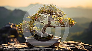 A bonsai tree in a rectangular pot. Generative AI.