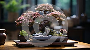 A bonsai tree in a rectangular pot. Generative AI.