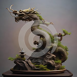 A bonsai tree sculpted to resemble a mythical dragon, with its branches forming intricate scales2