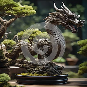 A bonsai tree sculpted to resemble a mythical dragon, with its branches forming intricate scales3