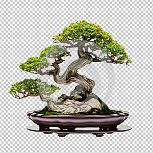 A bonsai tree in a stone pot isolated on transparent background