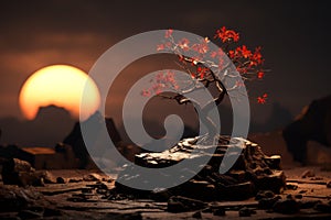 a bonsai tree on top of a rock in front of a sunset