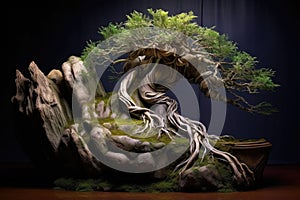 bonsai tree with twisted roots growing over an old rock