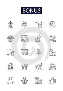 Bonus line vector icons and signs. Gratuity, Incentive, Tip, Payout, Subsidy, Windfall, Premium, Boon outline vector