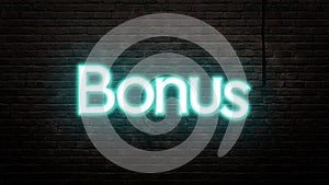 Bonus neon sign emblem in neon style on brick wall background