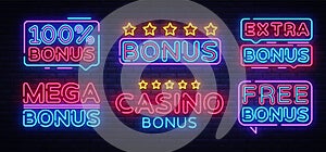 Bonus Neon Text collection Vector. Bonus Casino neon sign, design template, modern trend design, night neon signboard