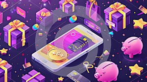 Bonus rewards program isometric landing page. Online shopping service application, credit card in-store smartphone, gift