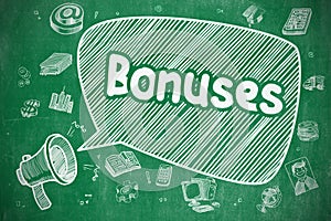 Bonuses - Cartoon Illustration on Green Chalkboard.