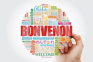 Bonvenon Welcome in Esperanto word cloud with marker in different languages, conceptual background photo