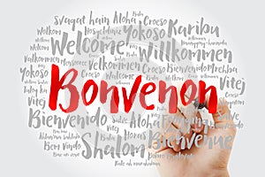 Bonvenon Welcome in Esperanto word cloud with marker in different languages, conceptual background photo