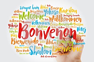 Bonvenon Welcome in Esperanto word cloud with marker in different languages, conceptual background photo