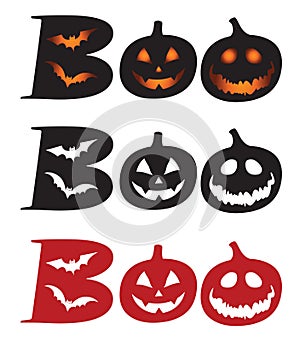 Boo design with bat and pumpkin. Halloween greeting