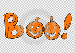 Boo font with smile pumpkin wood texture isolated on png or transparent texture,Halloween party background ,element template for