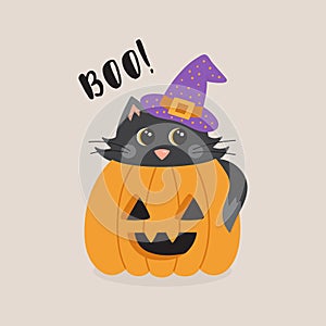 Boo! Halloween cat in pumpkin vector illustration icon