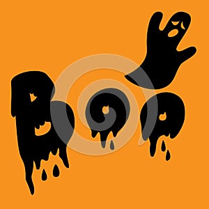 Boo Halloween text banner. Halloween greeting card with ghost and bloody letters. Trendy lettering template. Vector eps 10