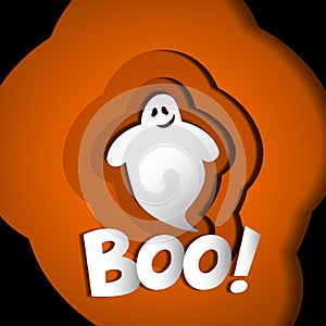 Boo happy halloweeen greeting card  design with cute ghost on orange background paper cut style