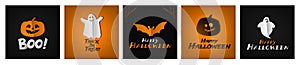 Boo happy halloweeen greeting cards   web banners design set  with cute ghost   pumpkin bat paper cut style