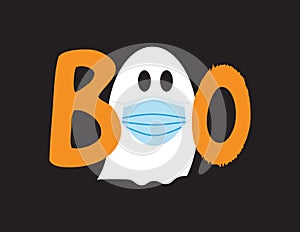 Boo icon with White ghost wearing Blue surgical mask and Orange letters