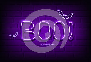 Boo message and bat neon light purple, happy halloween concept design,on block wall black background