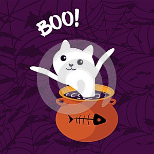 Boo. Scary cute ghost cat frightens and jumps from the pot with potion. Fish skeleton drawing on the bowler. Halloween cartoon