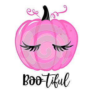 Boo-tiful Boo beautiful - hand drawn pink pumpkin with lashes and lettering phrase.