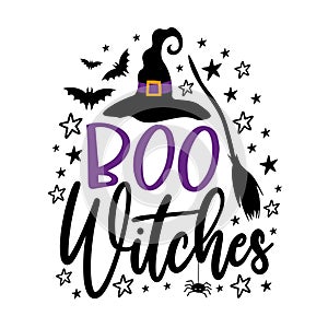 Boo witches - Witch hat , broom, bats and stars