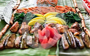 Boodle fight style of eating. A traditional filipino way of eating together with family and friends