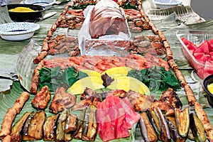 Boodle fight style of eating. A traditional filipino way of eating together with family and friends