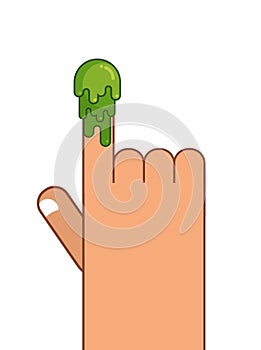 Booger and Hand. Snot on finger. Pick your nose snivel. Green slime lump