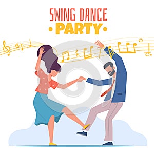 Boogie Woogie Dancing. Happy couple man and woman on swing dance party. Retro disco entertainment show, rock n roll