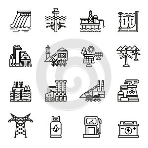 Energy industry icons set. different kinds enterprise, linear symbols collection.